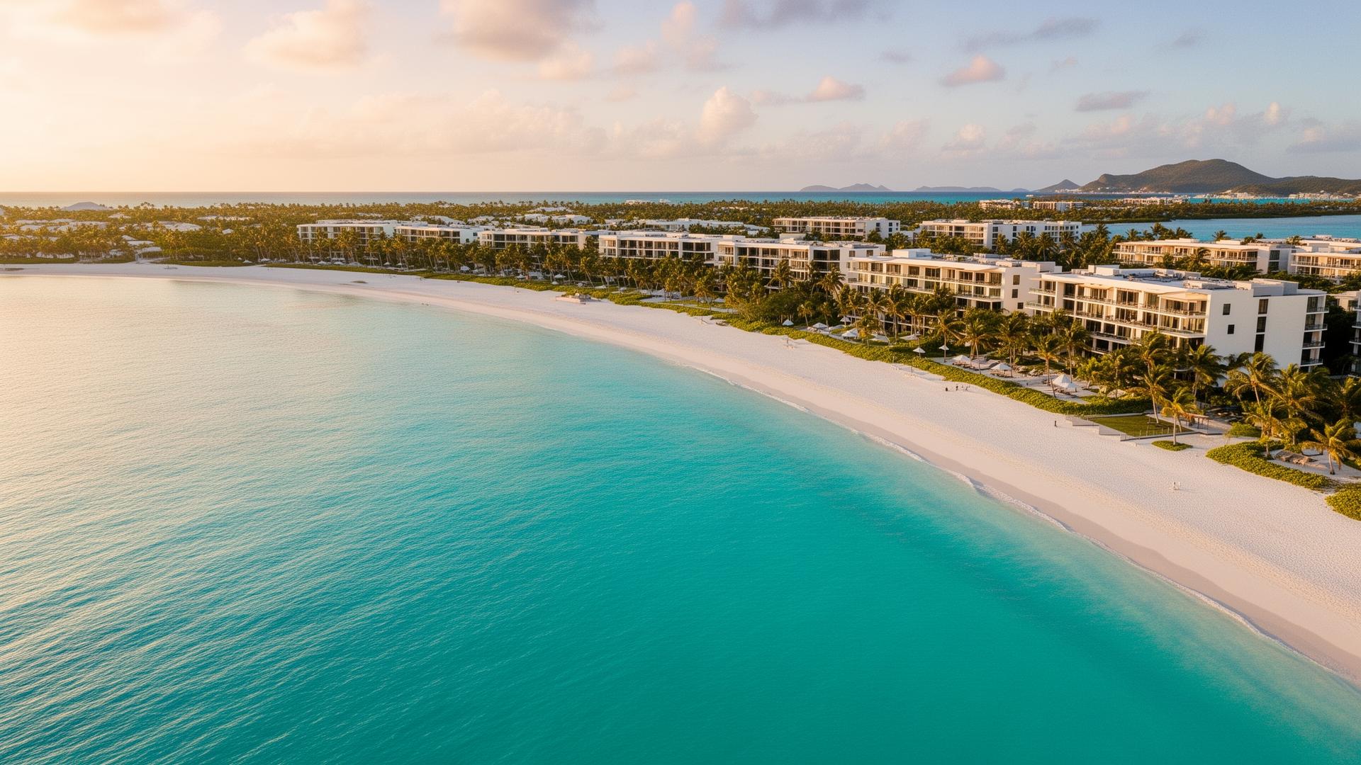Aerial view of a luxury Caribbean resort coastline at golden hour